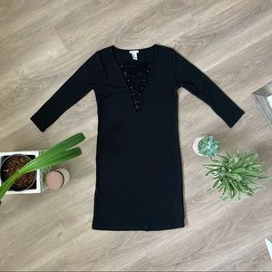 f21 | ribbed cotton deep v black long sleeve mini dress | size s